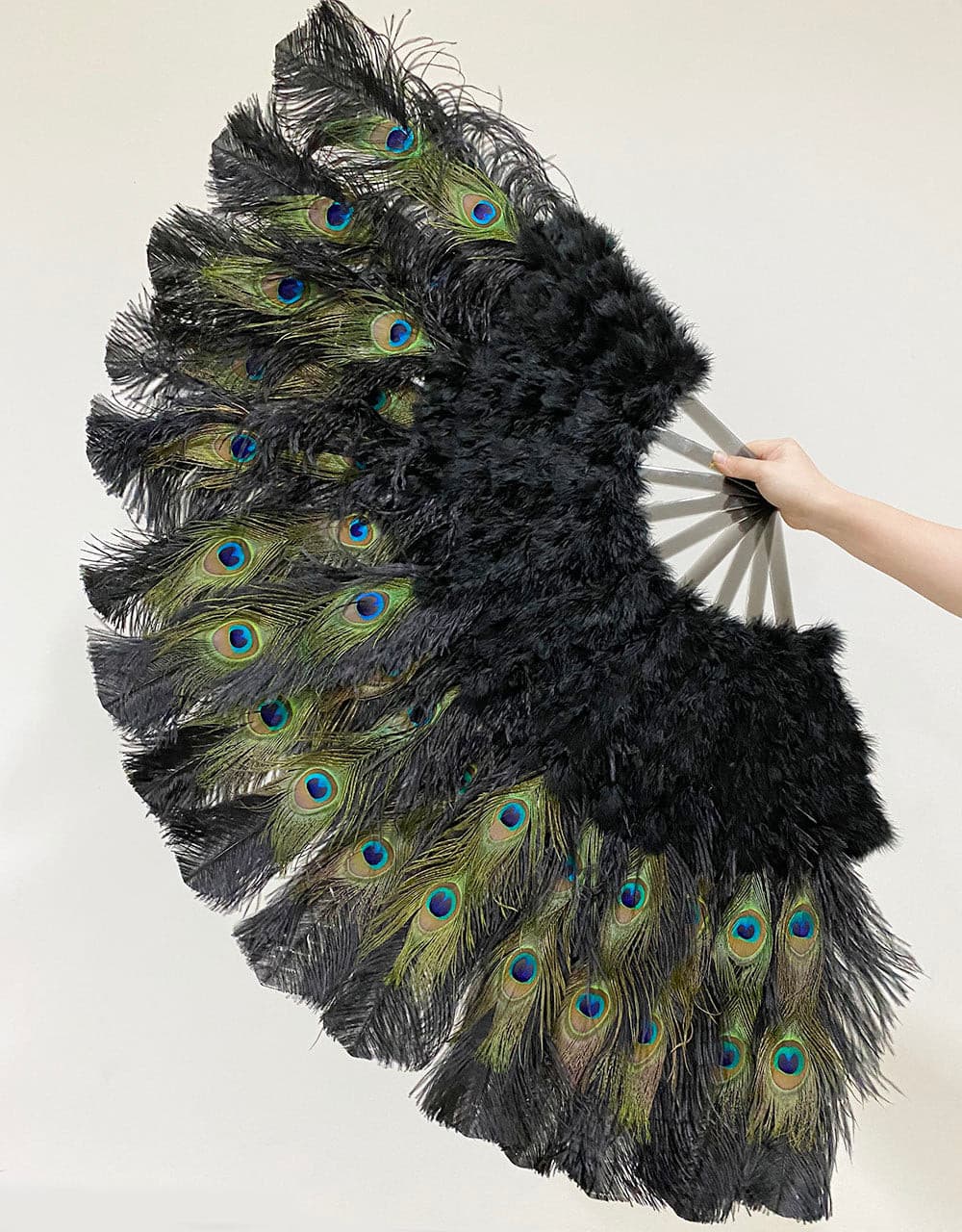 Black Peacock Marabou Ostrich Feathers Fan 27"x 53" With Travel leather Bag.