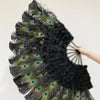 Abanico de plumas de avestruz negro pavo real marabú 27 "x 53" con bolsa de viaje de cuero.