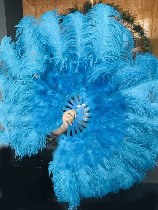 turquoise Marabou Ostrich Feather fan 24"x 43" with Travel leather Bag.