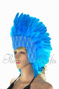 Load image into Gallery viewer, Blue feather sequins crown las vegas dancer showgirl headgear headdress.
