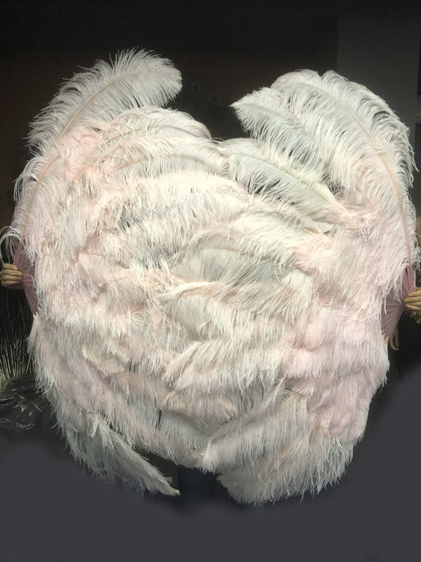 Abanico XL 2 capas de plumas de avestruz rubor 34''x 60 '' con bolsa de viaje de cuero.