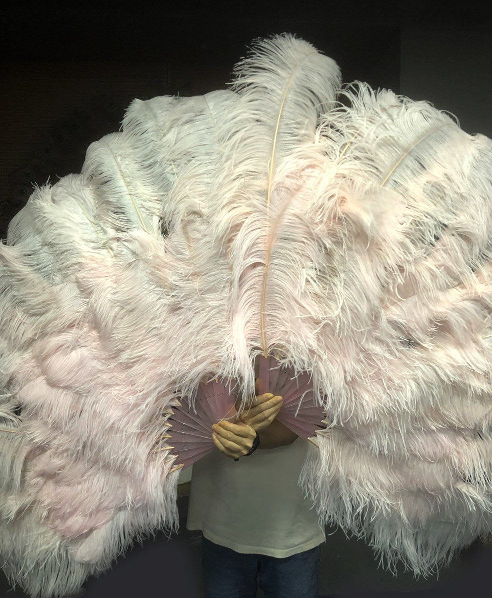 XL 2 Layers blush Ostrich Feather Fan 34''x 60'' with Travel leather Bag.