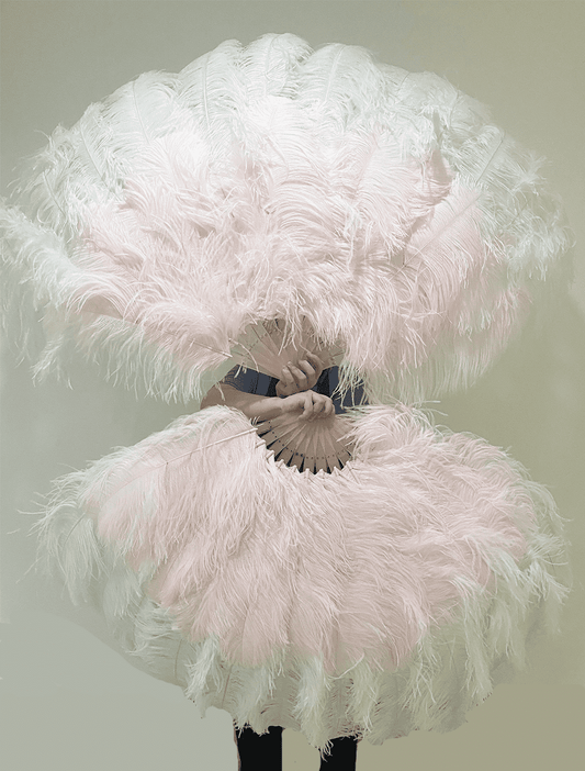 Mix white & blush XL 2 Layer Ostrich Feather Fan 34''x 60'' with Travel leather Bag.