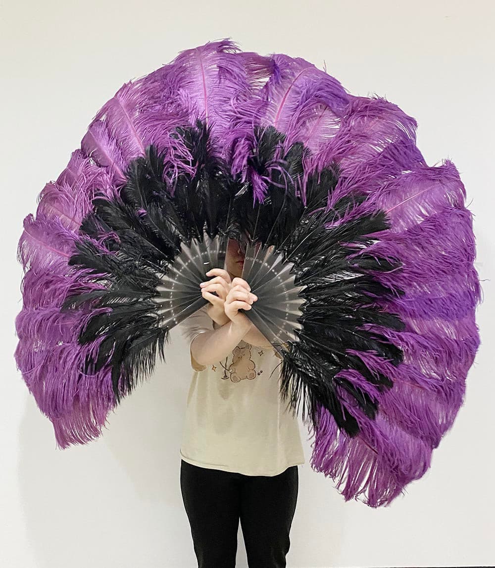 Mix black & dark purple 2 Layers Ostrich Feather Fan 30''x 54'' with Travel leather Bag.