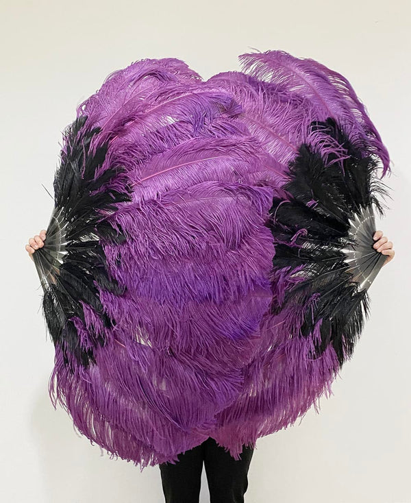 Mezcla negro y morado oscuro 2 capas de abanico de plumas de avestruz 30''x 54 '' con bolsa de viaje de cuero.
