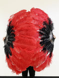 Load image into Gallery viewer, Mix black & red 2 Layers Ostrich Feather Fan 30''x 54'' with Travel leather Bag.
