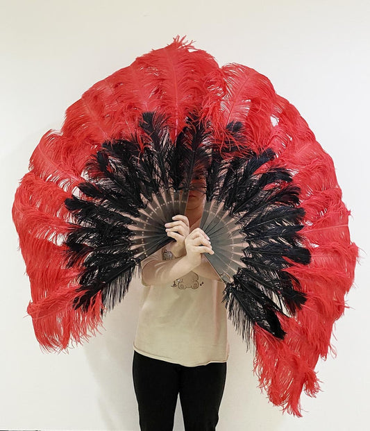 Mix black & red 2 Layers Ostrich Feather Fan 30''x 54'' with Travel leather Bag.