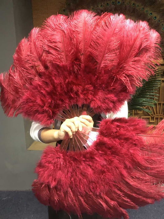 burgundy Marabou Ostrich Feather fan 21"x 38" with Travel leather Bag.