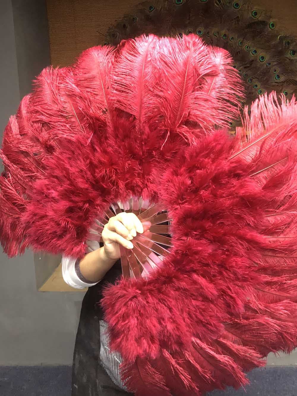 burgundy Marabou Ostrich Feather fan 21"x 38" with Travel leather Bag.