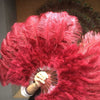 Abanico de pluma de avestruz marabú burdeos 21 "x 38" con bolsa de viaje de cuero.