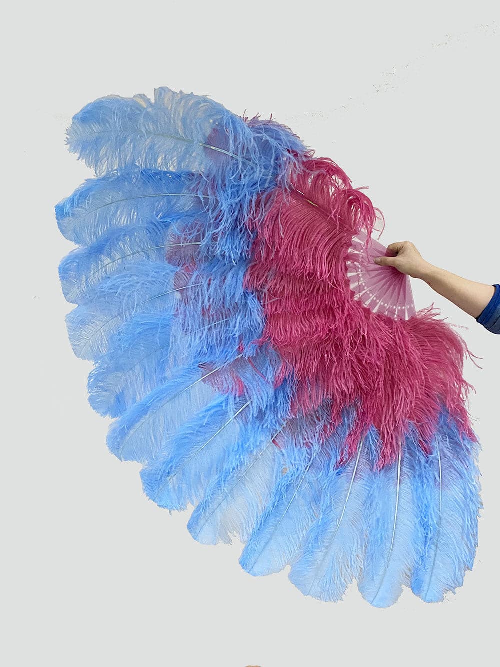 Mix sky blue & Burgundy XL 2 Layer Ostrich Feather Fan 34''x 60'' with Travel leather Bag.