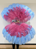 Load image into Gallery viewer, Mix sky blue & Burgundy XL 2 Layer Ostrich Feather Fan 34''x 60'' with Travel leather Bag.
