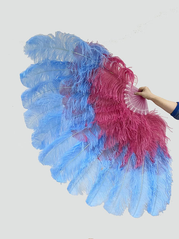 Abanico de plumas de avestruz de 2 capas XL en color azul cielo y burdeos de 34&#39;&#39;x 60&#39;&#39; con bolsa de viaje de cuero.