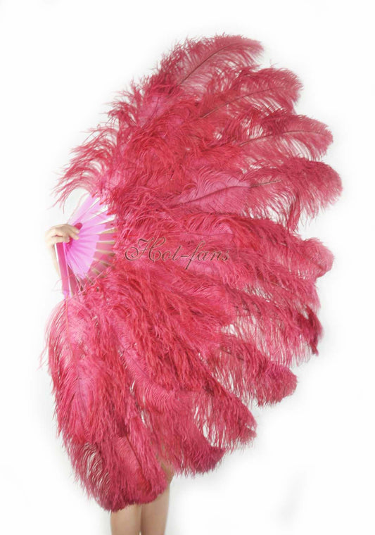 XL 2 Layers burgundy Ostrich Feather Fan 34''x 60'' with Travel leather Bag.