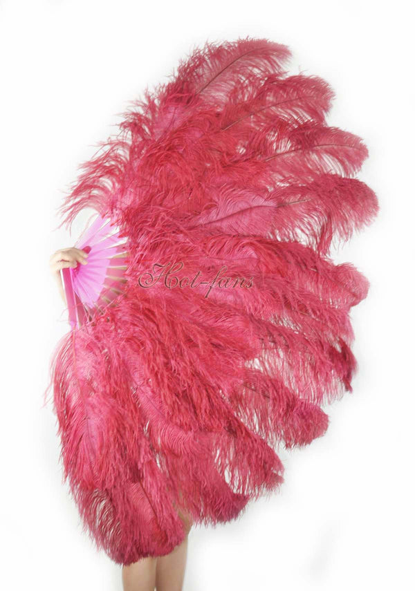 Abanico XL 2 capas de plumas de avestruz burdeos de 34''x 60 '' con bolsa de viaje de cuero.