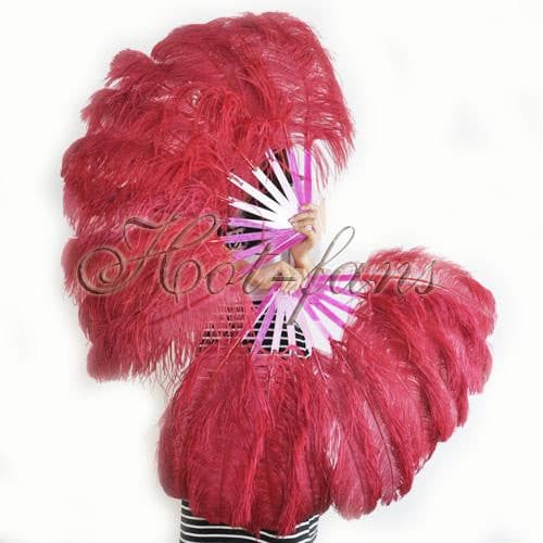 A pair burgundy Single layer Ostrich Feather fan 24"x 41" with leather travel Bag.