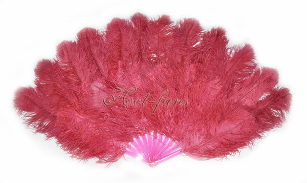 XL 2 Layers burgundy Ostrich Feather Fan 34''x 60'' with Travel leather Bag.