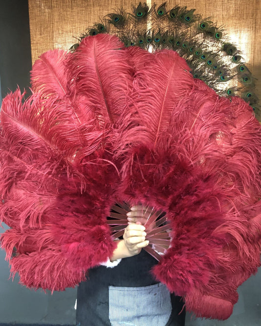 burgundy Marabou Ostrich Feather fan 24"x 43" with Travel leather Bag.