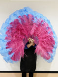 Load image into Gallery viewer, Mix sky blue & Burgundy XL 2 Layer Ostrich Feather Fan 34''x 60'' with Travel leather Bag.
