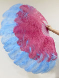 Load image into Gallery viewer, Mix sky blue & Burgundy XL 2 Layer Ostrich Feather Fan 34''x 60'' with Travel leather Bag.
