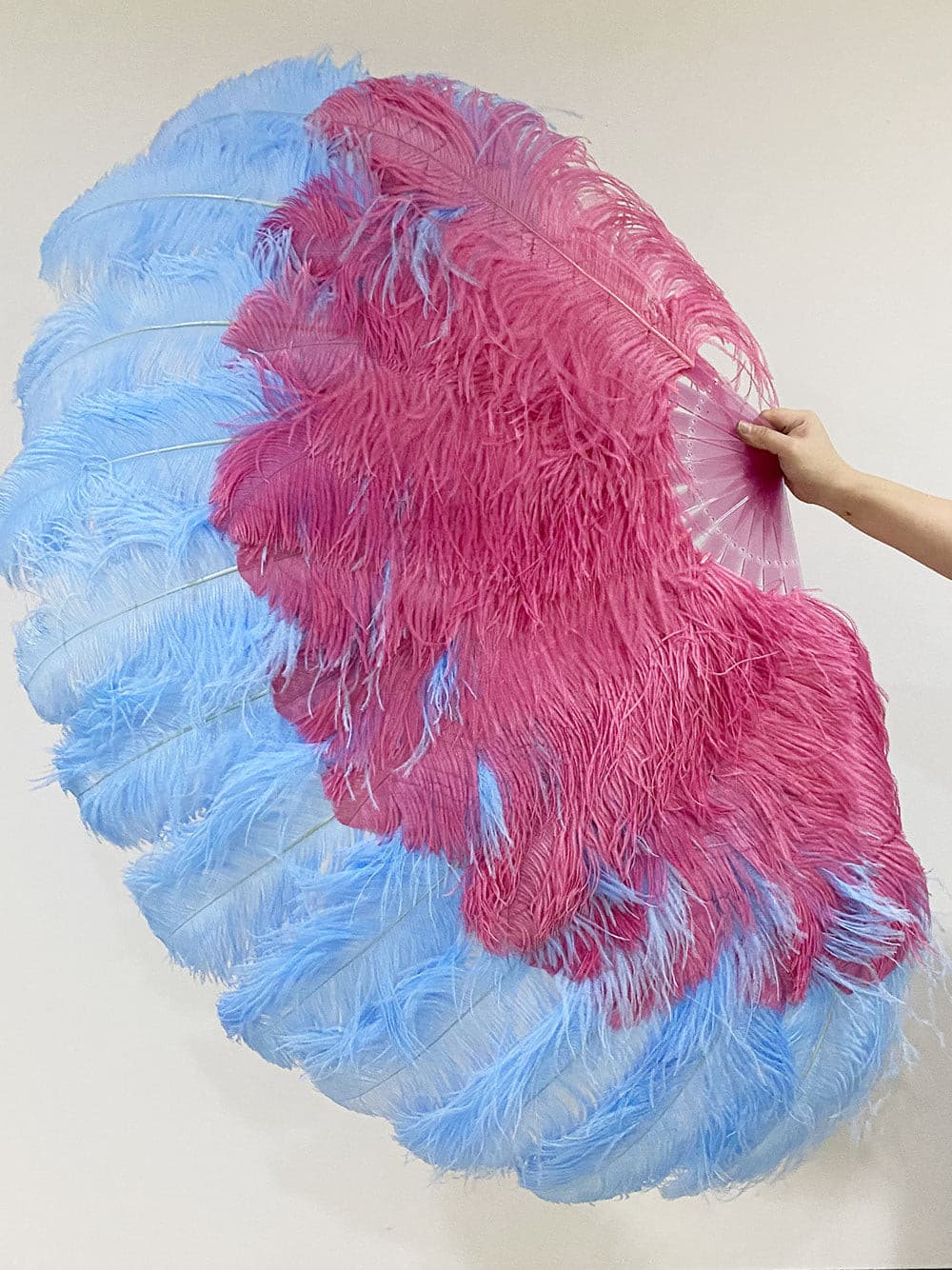 Mix sky blue & Burgundy XL 2 Layer Ostrich Feather Fan 34''x 60'' with Travel leather Bag.