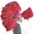 Load image into Gallery viewer, A pair burgundy Single layer Ostrich Feather fan 24"x 41" with leather travel Bag.
