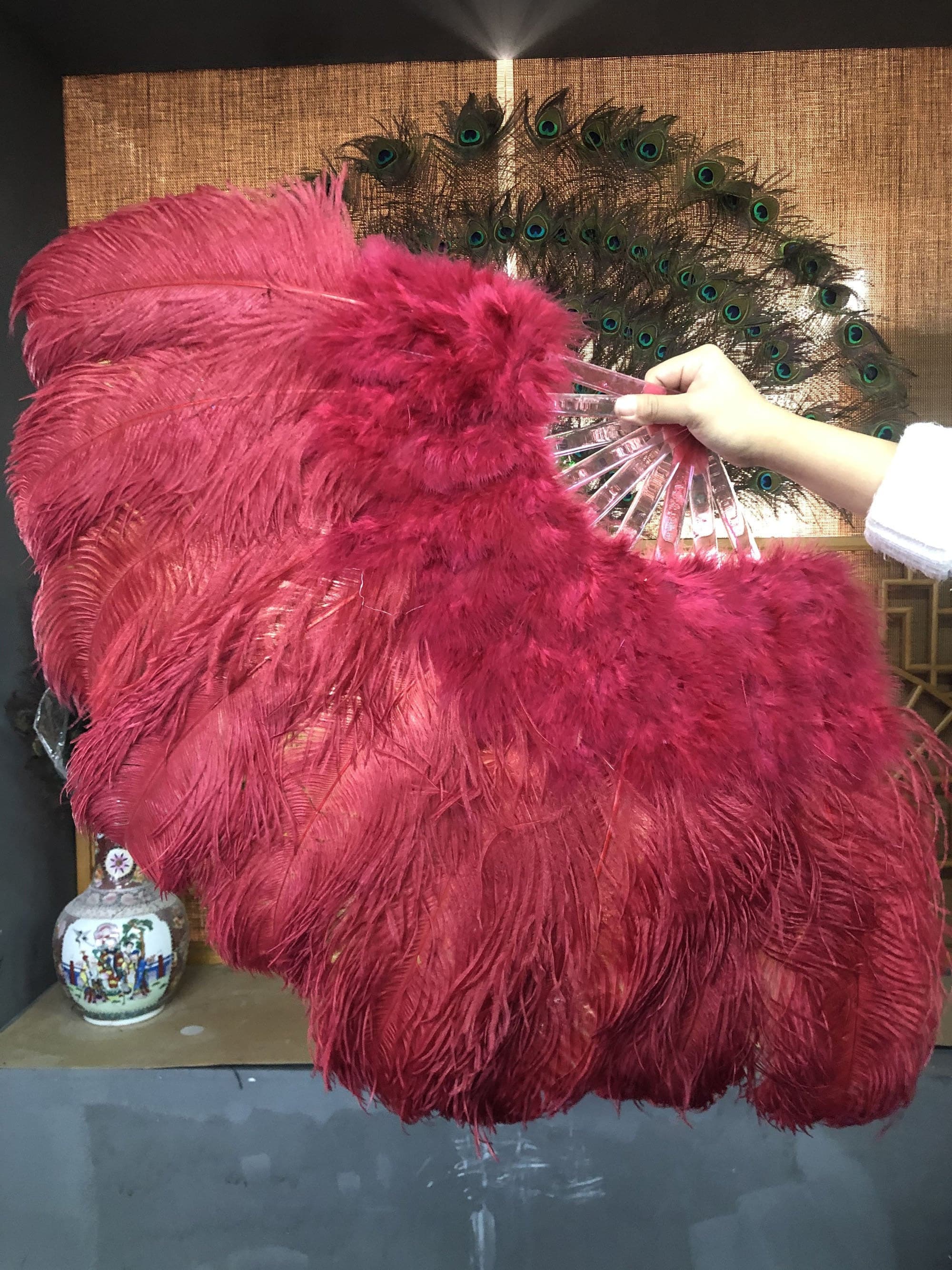 burgundy Marabou Ostrich Feather fan 24"x 43" with Travel leather Bag.