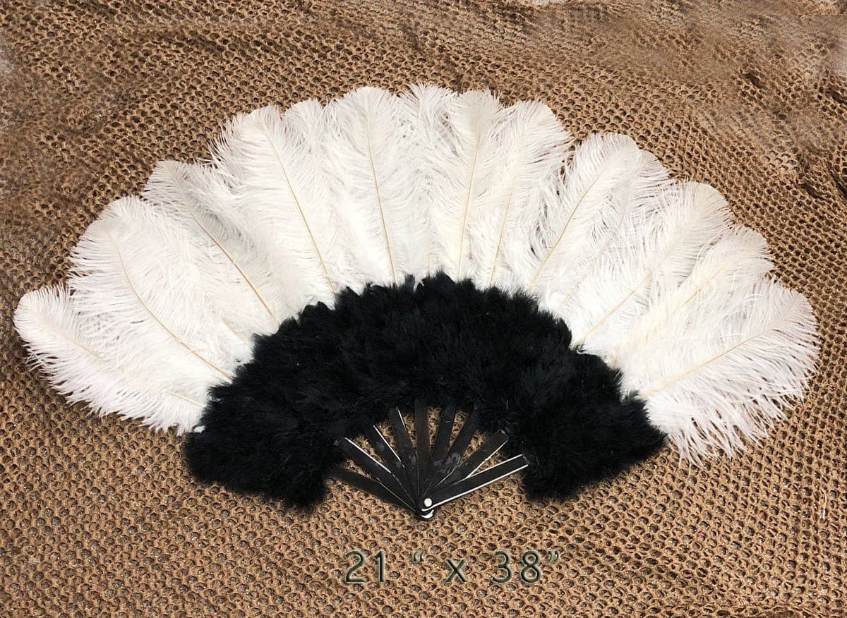 Black & white Marabou Ostrich Feather fan 21"x 38" with Travel leather Bag.