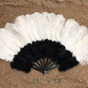 Abanico de plumas de avestruz de marabú en blanco y negro de 21&quot;x 38&quot; con bolsa de viaje de cuero.