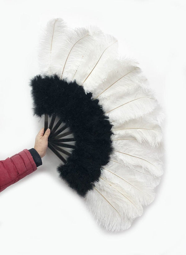 Black & white Marabou Ostrich Feather fan 21"x 38" with Travel leather Bag.