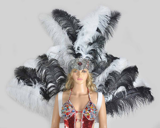 Black & white Ostrich Feather Open Face Headdress & backpiece Set.