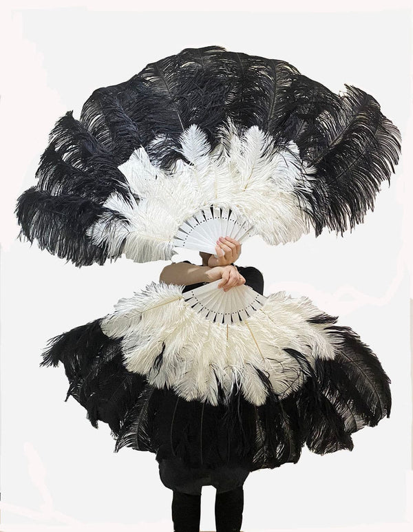 Mixed black & white 2 Layers Ostrich Feather Fan 30''x 54'' with Travel leather Bag.