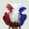 Conjunto de tocado y pieza posterior de cara abierta de plumas de avestruz azul, blanco y rojo.