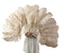 Un par de abanicos de pluma de avestruz de una capa de camello beige de 24 "x 41" con bolsa de viaje de cuero.
