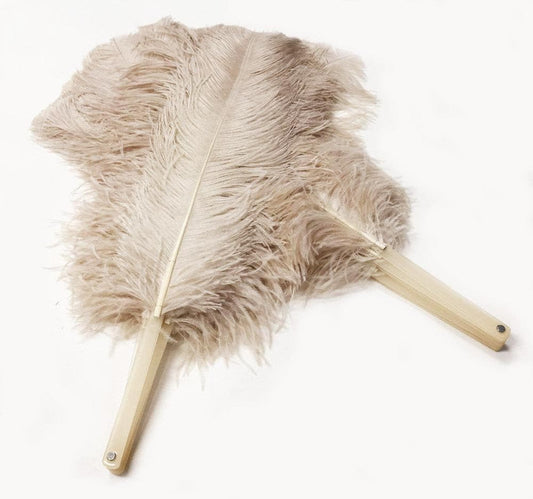 A pair beige camel Single layer Ostrich Feather fan 24"x 41" with leather travel Bag.