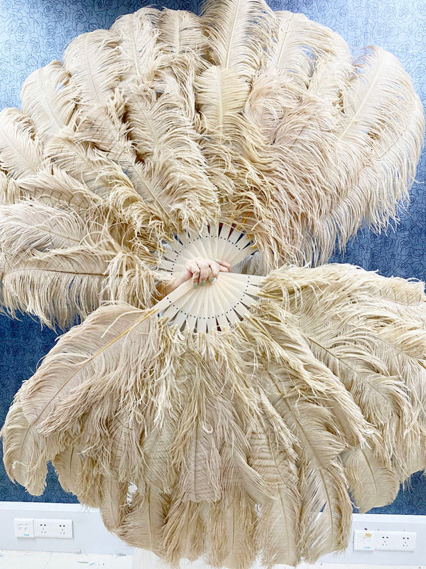 XL 2 Layers beige camel Ostrich Feather Fan 34''x 60'' with Travel leather Bag.