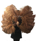 Load image into Gallery viewer, A pair caramel Single layer Ostrich Feather fan 24"x 41" with leather travel Bag.
