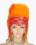 Load image into Gallery viewer, Orange feather sequins crown las vegas dancer showgirl headgear headdress.
