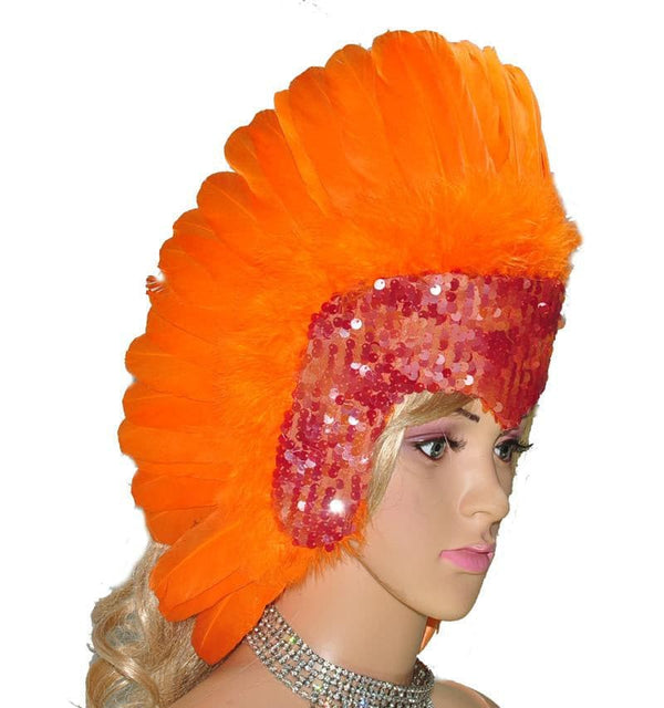 オレンジ色の羽のスパンコール クラウン ラスベガス ダンサー ショーガール ヘッドギア ヘッドドレス。