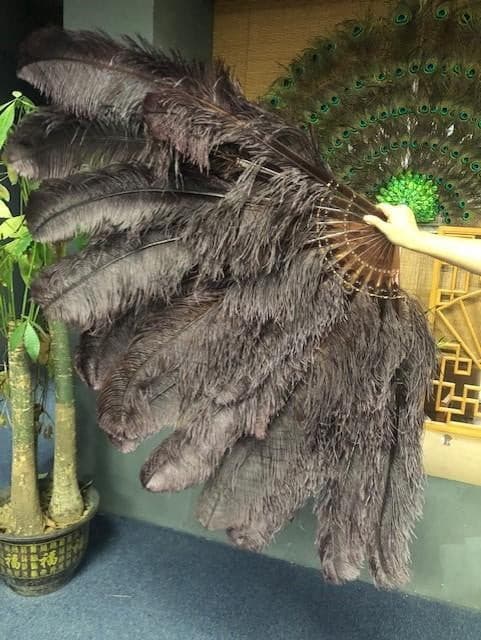 XL 2 Layers coffee Ostrich Feather Fan 34''x 60'' with Travel leather Bag.