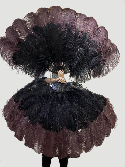 Mix black & coffee XL 2 Layer Ostrich Feather Fan 34''x 60'' with Travel leather Bag.