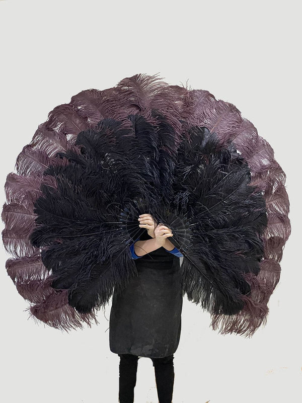 Mix black & coffee XL 2 Layer Ostrich Feather Fan 34''x 60'' with Travel leather Bag.