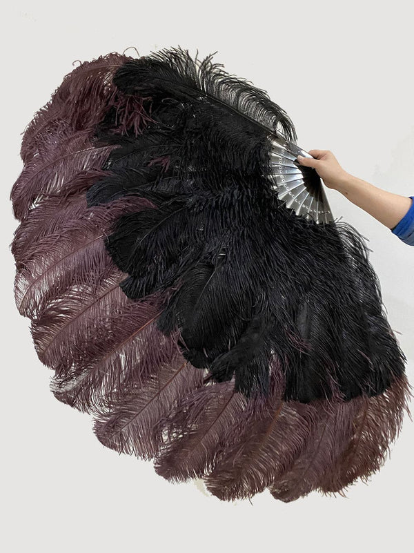 Abanico de plumas de avestruz XL de 2 capas, color negro y café, de 34&#39;&#39;x 60&#39;&#39; con bolsa de viaje de cuero.