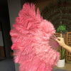 Abanico de plumas de avestruz de marabú rojo coral de 21&quot;x 38&quot; con bolsa de viaje de cuero.
