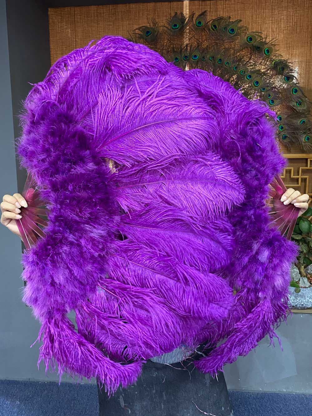 Drak purple Marabou Ostrich Feather fan 24"x 43" with Travel leather Bag.