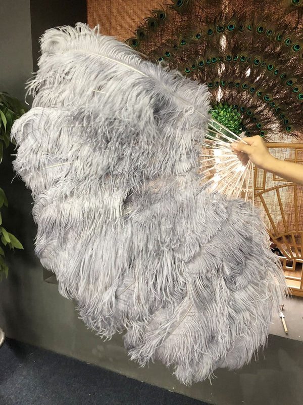 2 layers dark grey Ostrich Feather Fan 30"x 54" with leather travel Bag.