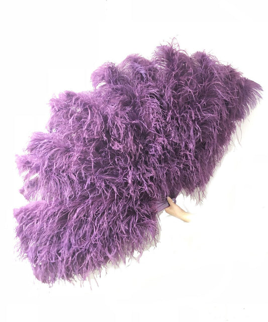 Burlesque 4 Layers dark purple Ostrich Feather Fan Opened 67'' with Travel leather Bag.