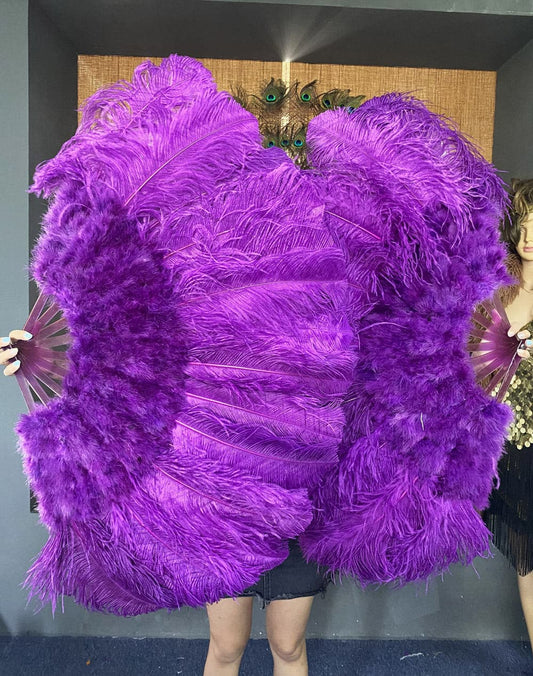 Dark purple Ostrich & Marabou Feathers fan 27"x 53" with Travel leather Bag.