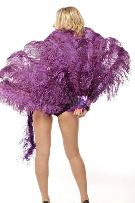 2 layers Dark purple Ostrich Feather Fan 30"x 54" with leather travel Bag.