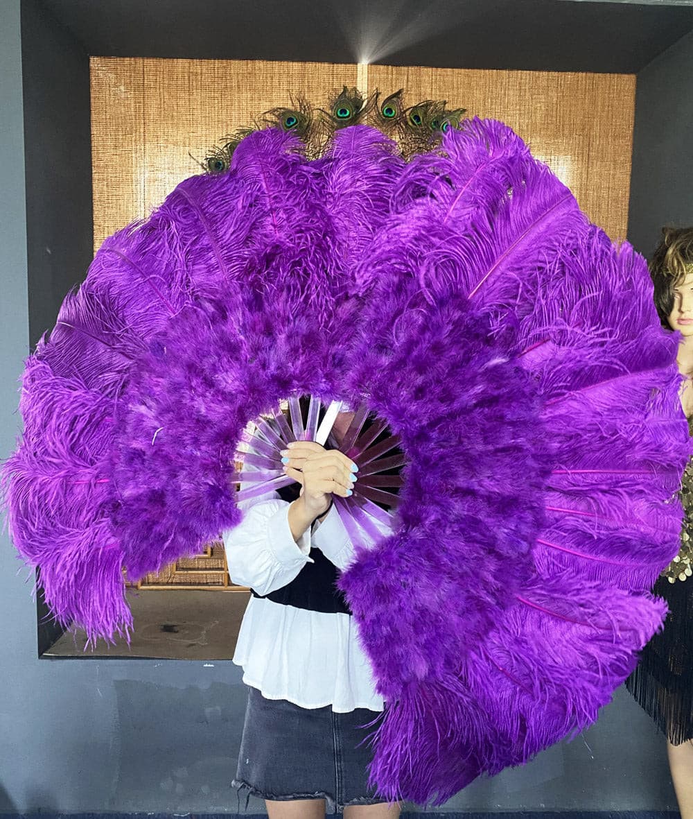 A Pair Dark Purple Single Layer Ostrich Feather Fan 24x 41 with Leather Travel Bag